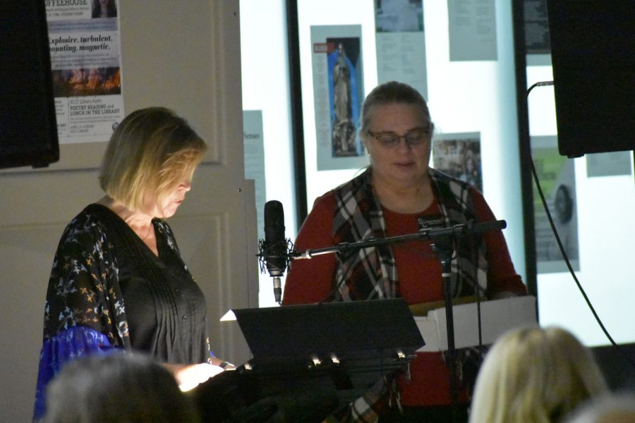 Janice Northerns, retired, and Sharon Brockman introduce winners of the annual poetry contest in 2018. It was the first contest Brockman was a part of as a full-time English instructor for Seward County Community College.