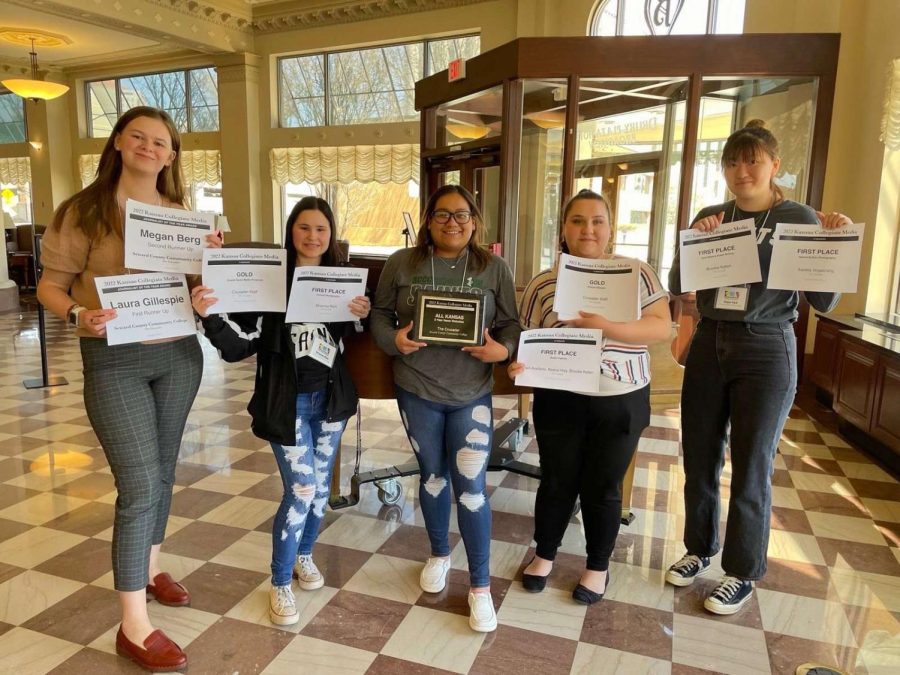 For the fourth year in a row Crusader receives the All-Kansas award for spring and fall of 2021. Pictured left to right are Laura Gillespie, Brianna Rich, Jessica Madrigal, Dani Arellano and Seyun Park.