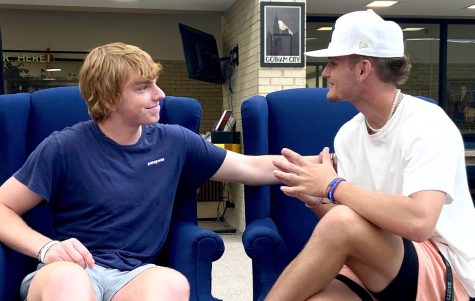 Justin Demarco and Cameron Cartwright sit in the Seward County Community College Library discussing their future plans as the first week of school begins. 