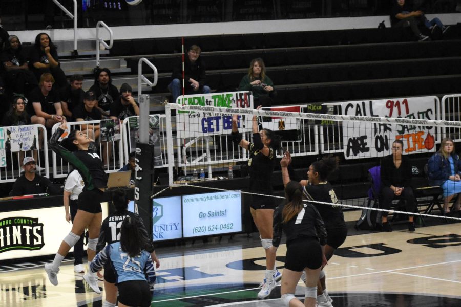 Sophomore Jessica Sales jumped up to hit an outside ball during the fourth set. Sales has over 200 kills and has gained her team almost 300 points in the 2022 season.