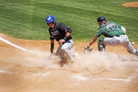 Sophmore, Jarron Wilcox receives a throw from the outfield to home plate and attempts to apply the tag. The throw was not in time, and Pratt Community College secured a run toward their future victory. 