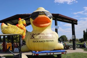 Giant inflatable duck with sunglasses showcases the Duck Race Festival and its sponsor, Liberal Chamber of Commerce. The iconic inflatable duck has been around for 23 years.