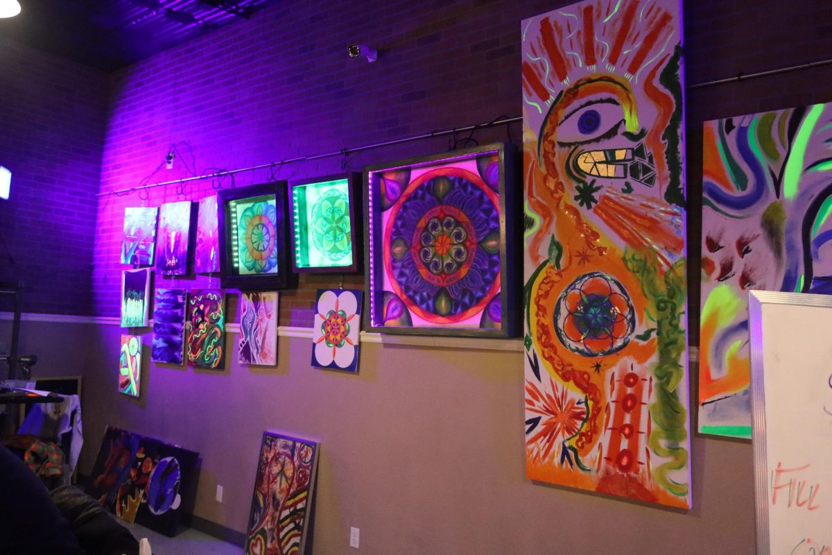 Vibes art show exhibit at Tortuga displays the creative and experimental art pieces made by Jeffrey Michael Schnitker. According to Schnitker and his welcome sign, "I've had the gift of many mystical travels, psychedelic experiences, and spiritual awakenings that have deeply shaped the way I see the world”. 

