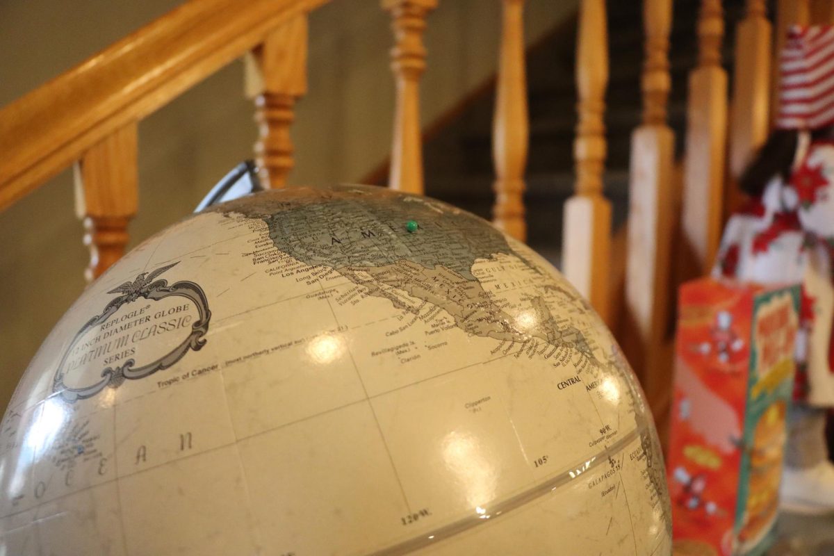 A globe inside the International Pancake Day Hall of Fame, with a pin marking Olney, England. The pin symbolizes that Liberal and Olney share the Pancake Day tradition between each other. 