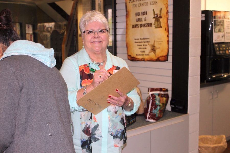 Patsy Fischer, Advising Coordinator, helped out with today's Easter egg hunt by making sure every egg and prize is accounted for.