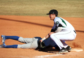 Redshirt Sophomore, Dylan Paul, attempts to get an opponent out at first base. Paul played first base for the Saints in two of the four games against Trinidad State.