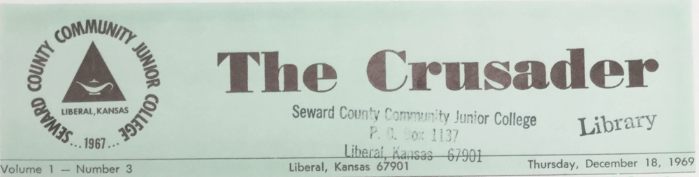 This Crusader header is from 1969. This logo puts "Seward County Community Junior College" at the fore front of the newspaper. The name circles around 1967, the year The Crusader began publishing as a newsletter.