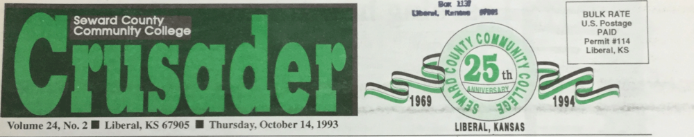 This Crusader logo is from 1993. "Crusader" takes center stage in a bold dark green with the intention of grabbing the students attention.
