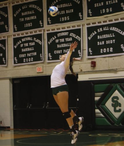 Sophomore right side, Giovanna Tapigliani serves to the Pratt Beavers. Tapigliani, who is a National Player of the Week, finished the match with 17 kills.