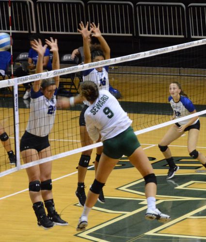 Djuly Schmorantz, freshman outside hitter, kills the ball. Schmorantz has 10 kills during the match versus PCCC.