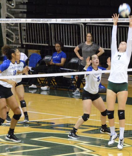 Freshman setter, Laura De Pra sets to her right side hitter against Pratt Community College.