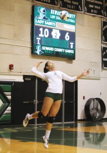 Sophomore setter, Esmadar Tavares serves the ball to the Independence Lady Pirates on Monday, October 22. The Lady Saints had great game, winning all three sets (25-8, 25-9, 25-17).