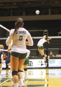 Sophomore right side, Giovanna Tapigliani kills the ball during the third set of the game to receive a point for Seward. Tapigliani is one of the sophomore’s that was honored for her two years of being a Lady Saint.