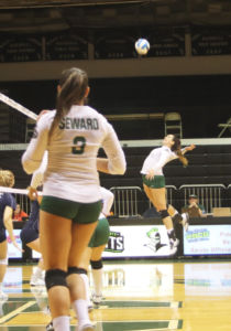 Sophomore right side, Giovanna Tapigliani kills the ball during the third set of the game to receive a point for Seward. Tapigliani is one of the sophomore’s that was honored for her two years of being a Lady Saint.