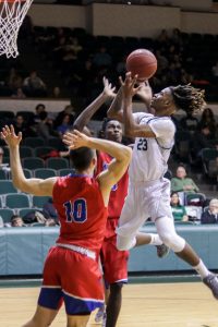 Sophomore guard, Montrevion Flowers, scored 11 points for the Seward Saints against the Hutchinson Blue Dragons on Feb. 24 in the greenhouse.