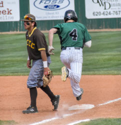 Zane Alexander runs out an infield hit and crosses the bag safe. On April 12, Seward Community College went up against Garden City Community College on the SCC field. The Saints ended up taking a double-hitter win.