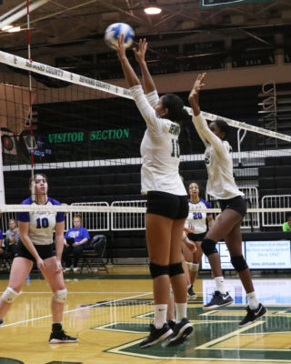 Freshman Ariana Arciniega, and freshman, Mesalina Serverino, go up for a block to stop a hard hit from the Lady Beavers.