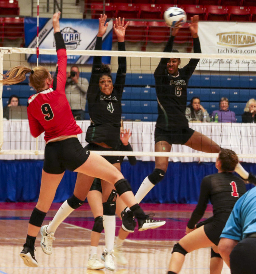 Yanlish Feliz and Mesalina Severino block the Lady Bulldogs from coming in. The Lady Bulldogs were consistent with hitting the Lady Saints, winning the first two sets.