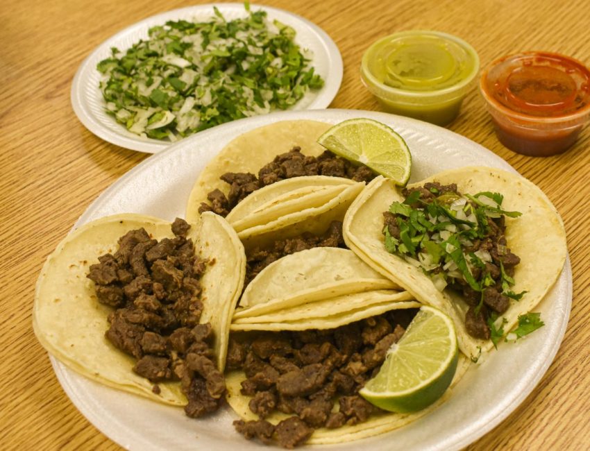 One of the most popular taco plates at Las Delicias is carne asada served with salsa, lime and lettuce. The tacos according to the student reviewers looked very good and smelled tasty.