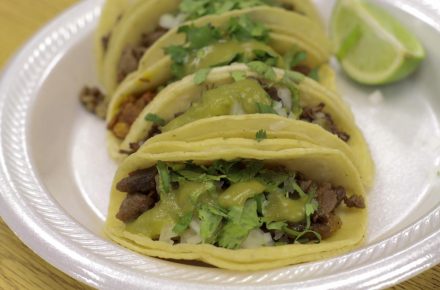 The taco plate from Taqueria Azteca, in Liberal includes Taco assada, el pastor and barbacoa. All are typically served with cilantro and onions and a lime on the side.
